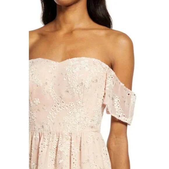 DRESS THE POPULATION River Dress Small Pink Lace Off Shoulder Fit Flare Midi NWT - Picture 3 of 16